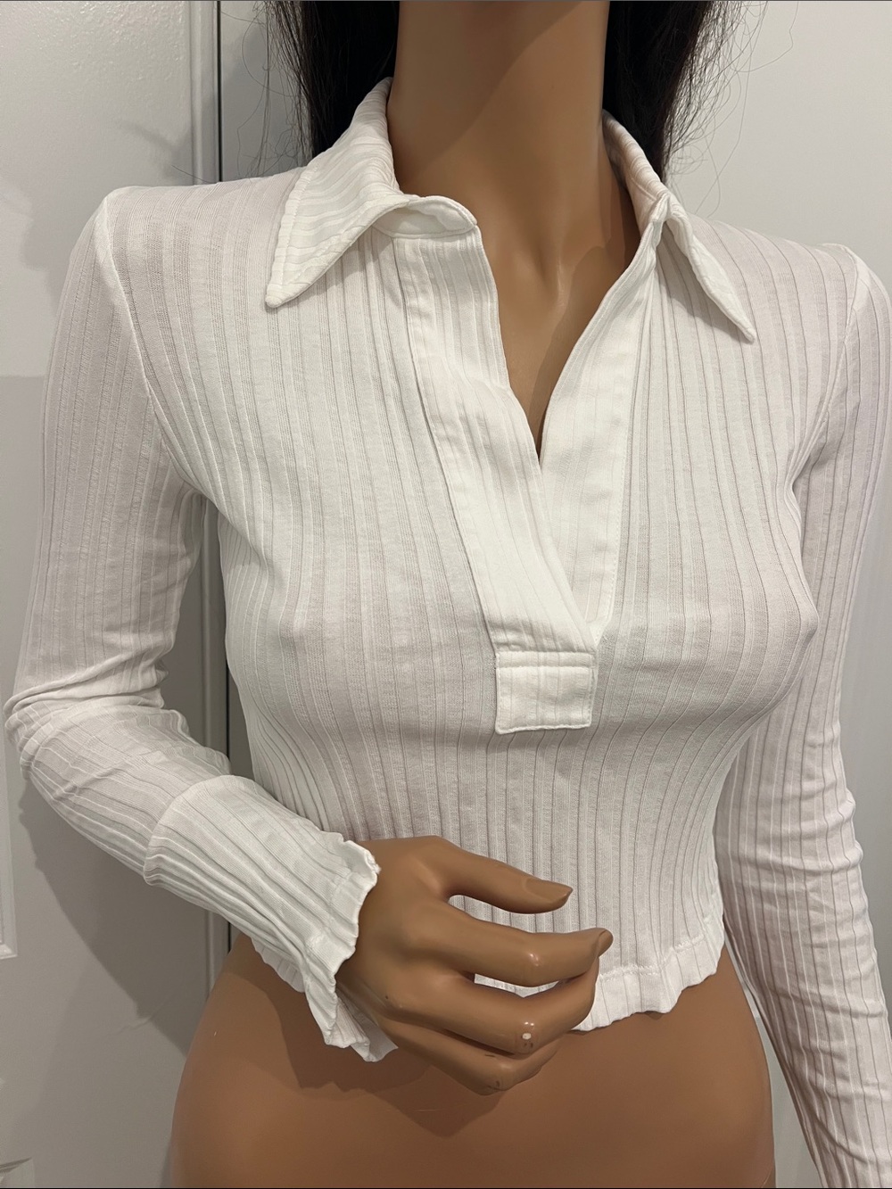 Helmut Lang White Ribbed Long-Sleeve Polo Crop Top